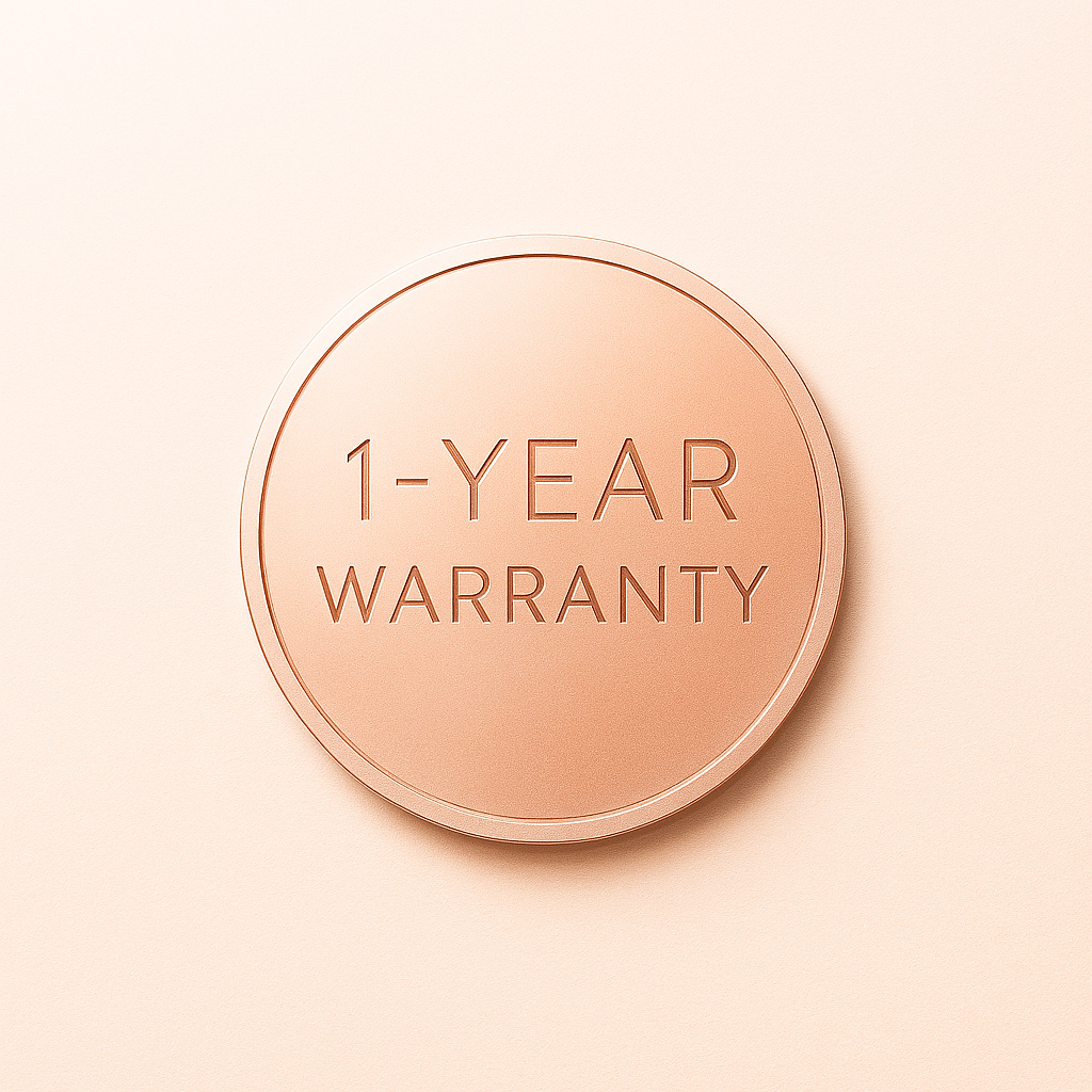 Rose gold 1-Year Warranty badge for Hello Face LED skincare device