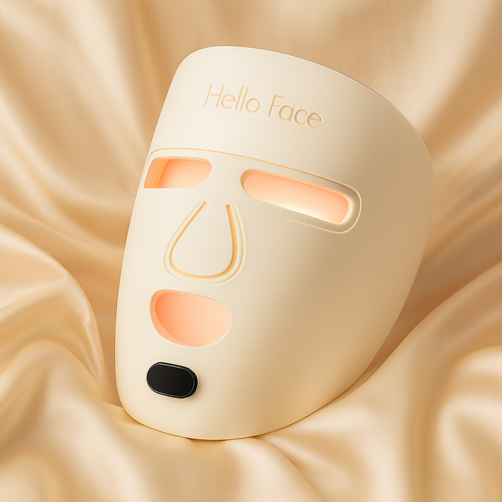 Hello Face LED Mask resting on blush silk fabric with soft lighting