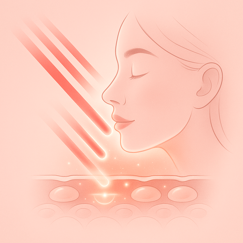 Diagram showing red and near-infrared LED light gently energizing the skin